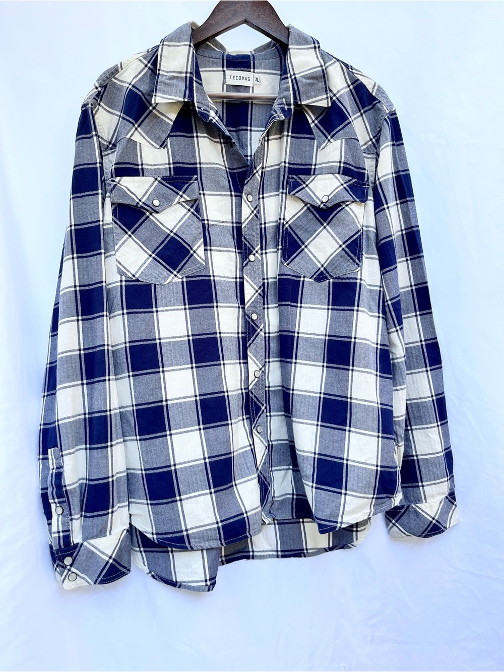 TECOVAS | MEN’S PERFORMANCE WESTERN PLAID BLUE & WHITE PEARL SNAP SHIRT XL